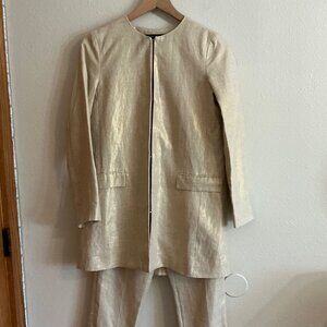 Zara Basic Linen XS Gold Metallic Frock Coat Jacket Straight Leg Ankle Pant Set
